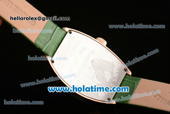 Franck Muller Art Deco Miyota Quartz Rose Gold Case with Green Leather Bracelet White Dial and Black Markers - Click Image to Close
